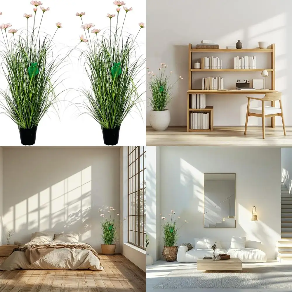 

35 Tall Artificial Grass with Pink Cosmos, 2-Piece Floor Plants for Indoor/Outdoor Decor