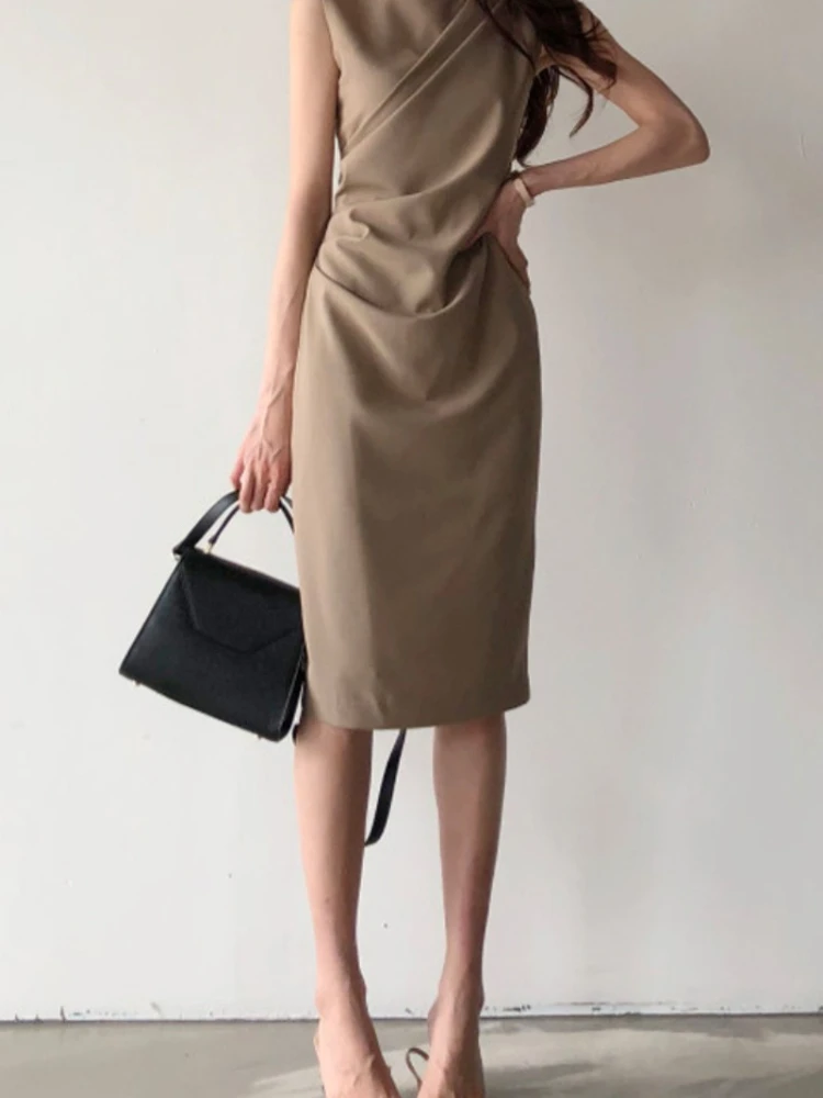 Elegant Women Office Dress New 2020 Summer Sleeveless Bodycon Dresses Retro Women Midi Solid Black Long Robe Vestidos Mujer