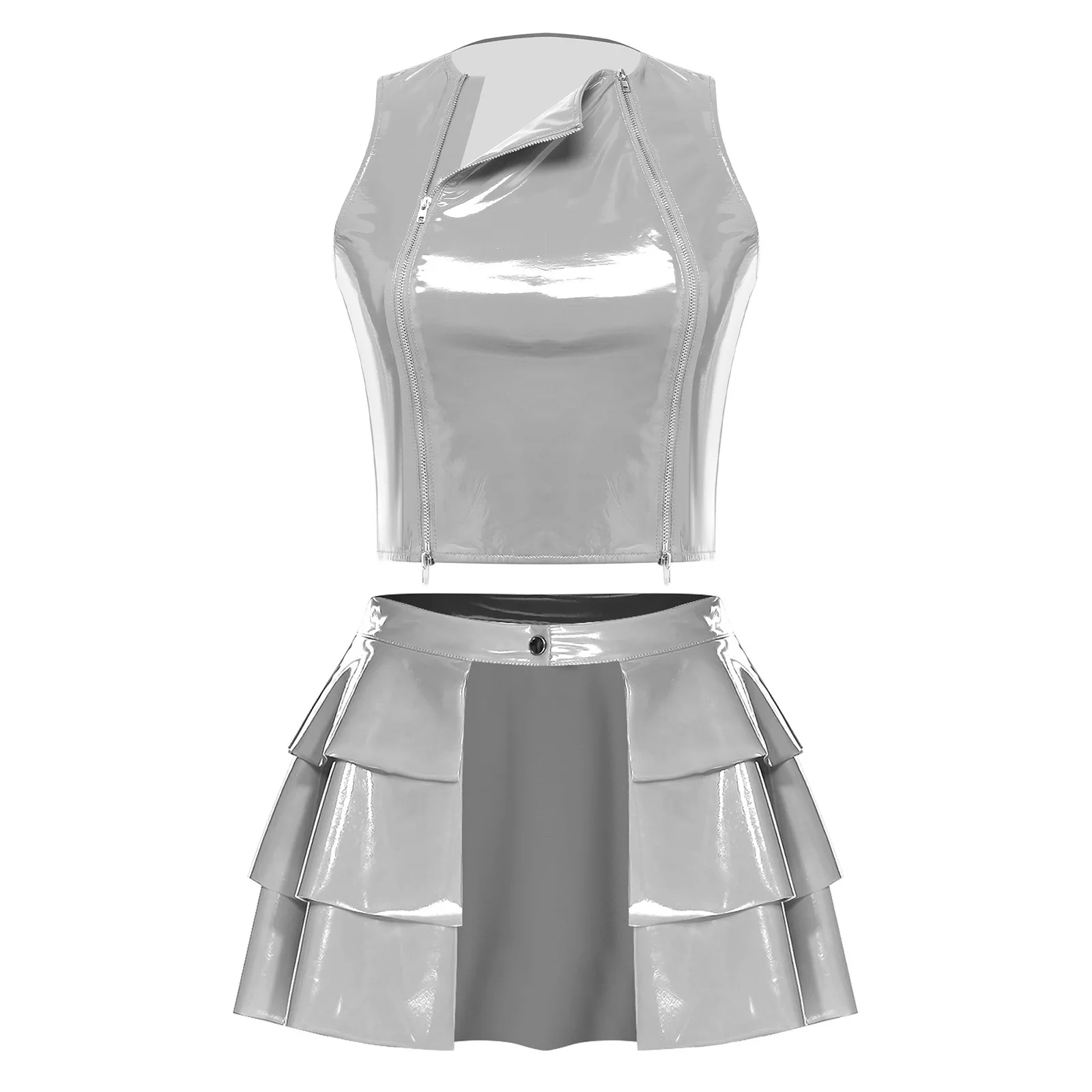 Women Glossy PU Crop Top And Skirt Set Front Dual Zippers Sleeveless Vest Tank Top and Tiered Ruffled Hem Miniskirt Clubwear