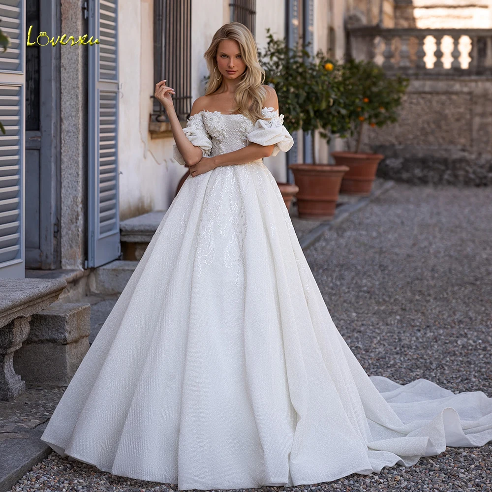 

Loverxu A-Line Charming Wedding Dresses 2024 Boat Neck Off The Shoulder Vestido De Novia Lace Crystal 3D Flowers Robe De Mariee