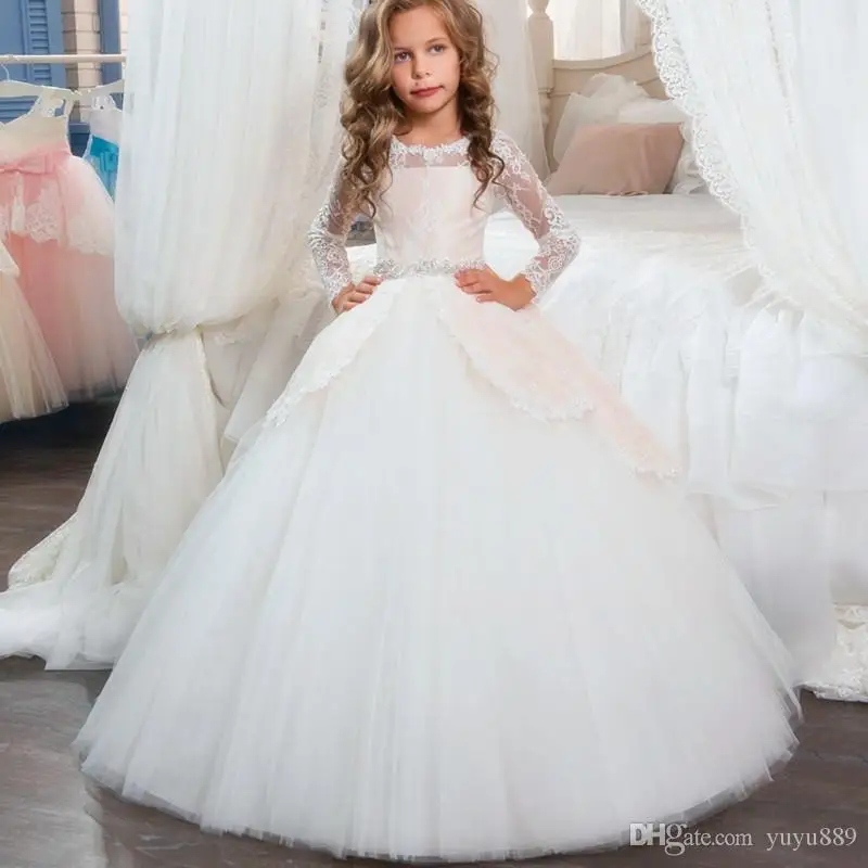 

Vintage Princess Floral Lace Arabic Flower Girl Dresses Long Sleeves Tulle Child Dresses Beautiful Flower Girl Wedding Dresses