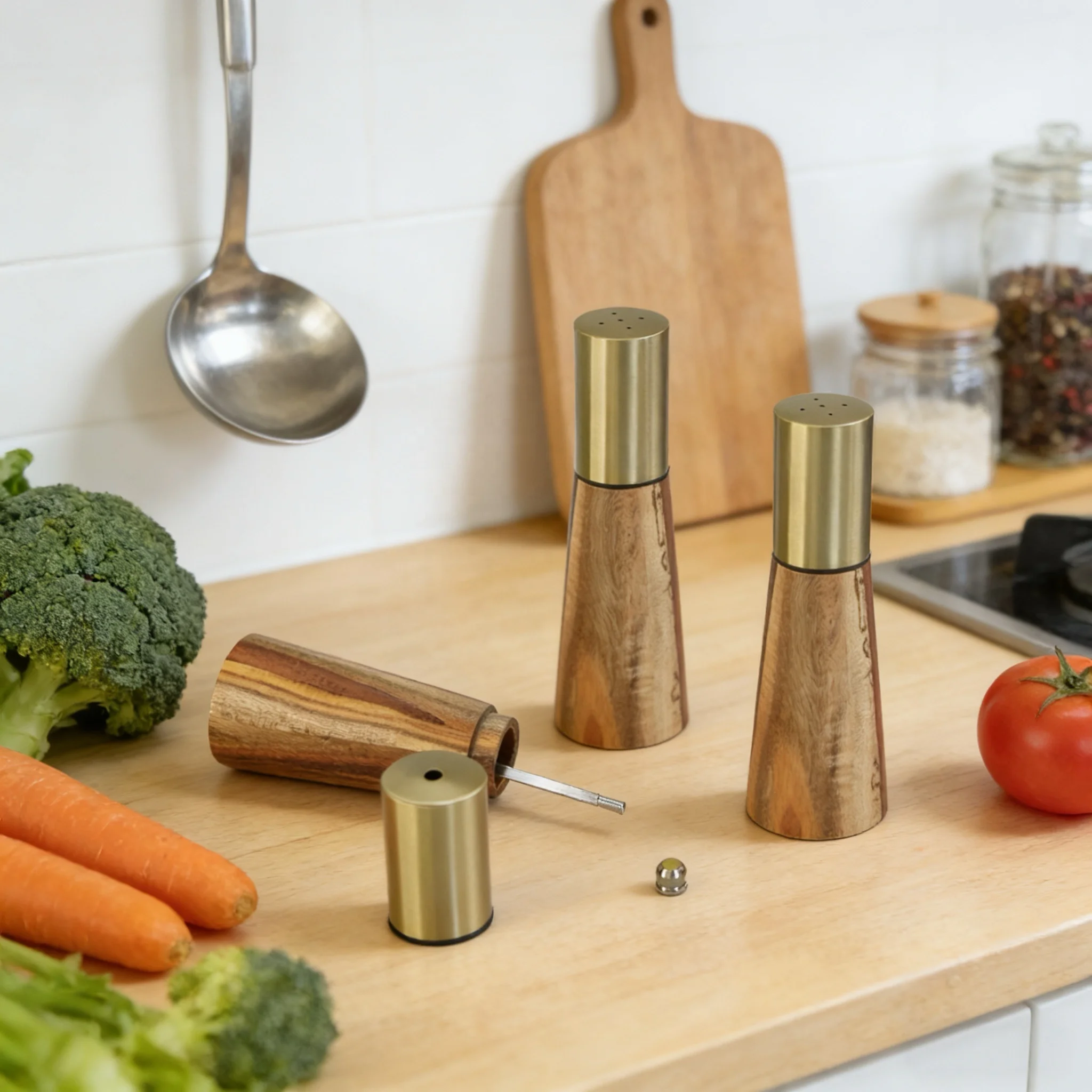 Refillable Eco-Friendly Food Safety Grade Salt Pepper Grinder Set Made Solid Acacia Wood Stainless Steel Grinding Core Rotary