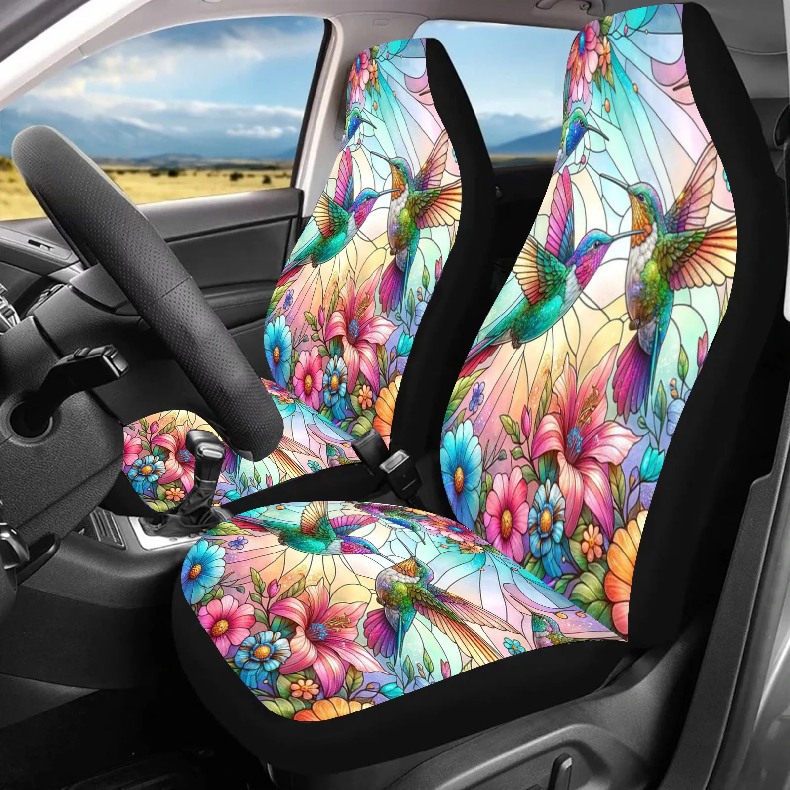 

2шт чехлы на автомобильные сиденья с цветочным принтом птицы для женщин и мужчин — яркий тропический дизайн с розовым, зеленым, желтым, фиолетовым, оранжевым, красным