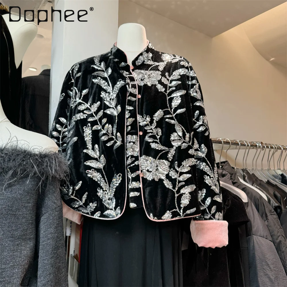 

Winter New Chinese Style Retro Button Sequin Flower Embroidery Beaded Down Short Coat Versatile Warm Round Neck Patchwork Coat