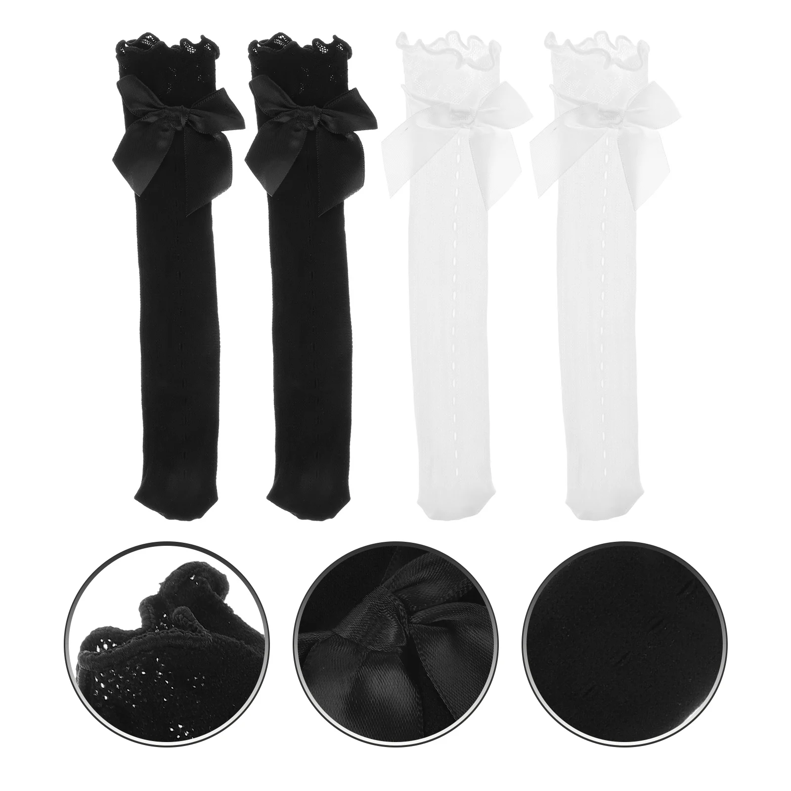 4Pairs الاطفال الدانتيل جوارب طويلة إلى الركب القوس ديكور لينة تنفس الجوارب الطويلة أنيقة في الهواء الطلق ارتداء الاطفال جوارب الدانتيل ديكور جورب