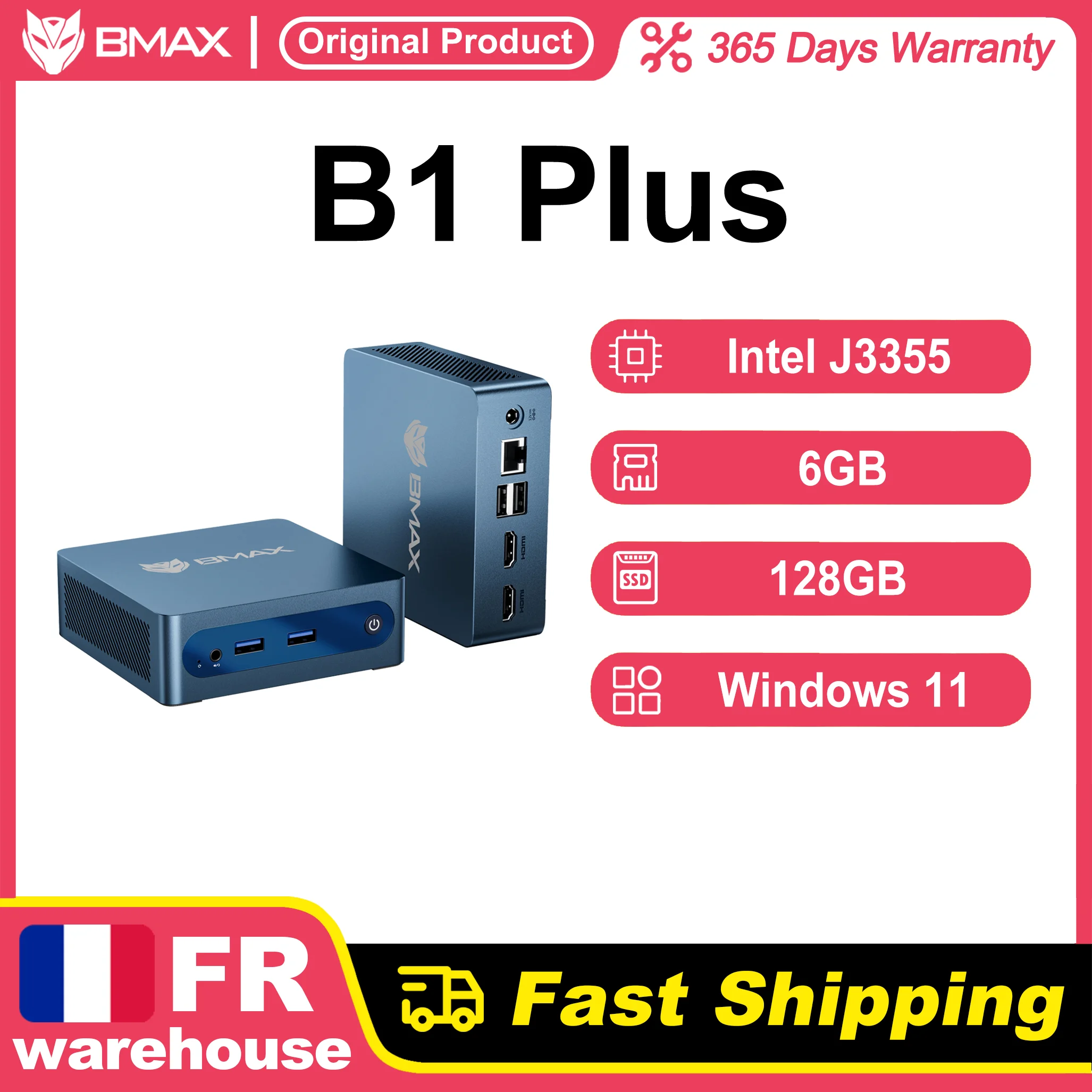 Mini PC BMAX B1 Plus, 6GB RAM, 128GB ROM, Intel J3355, Compatible con 4K@60Hz, Intel HD Graphics 500, USB, HDMI, Wifi de Doble Banda, Bluetooth 5.0