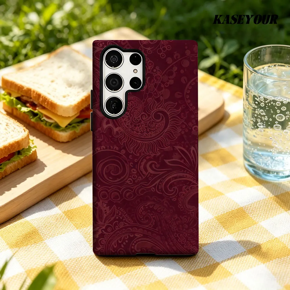 Burgundy Paisley For Samsung Galaxy Phone Case S23 A57 S20 S25 FE S26 Plus S24 Ultra A56 A37 2-IN-1 Shockproof Bumper