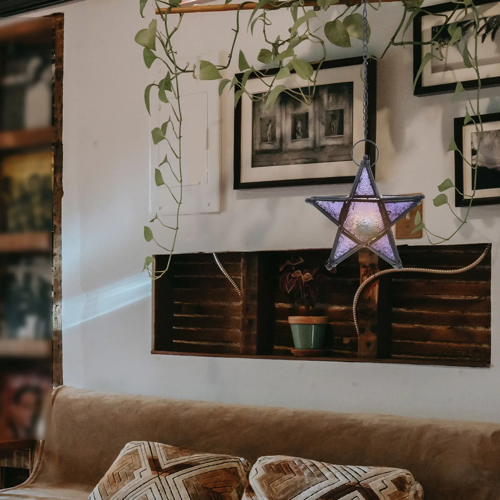 Hanging Star Lantern Glass Holder Decorative Pendant Lamp for Indoor Outdoor Garden Patio Wedding Rustic Vintage Home