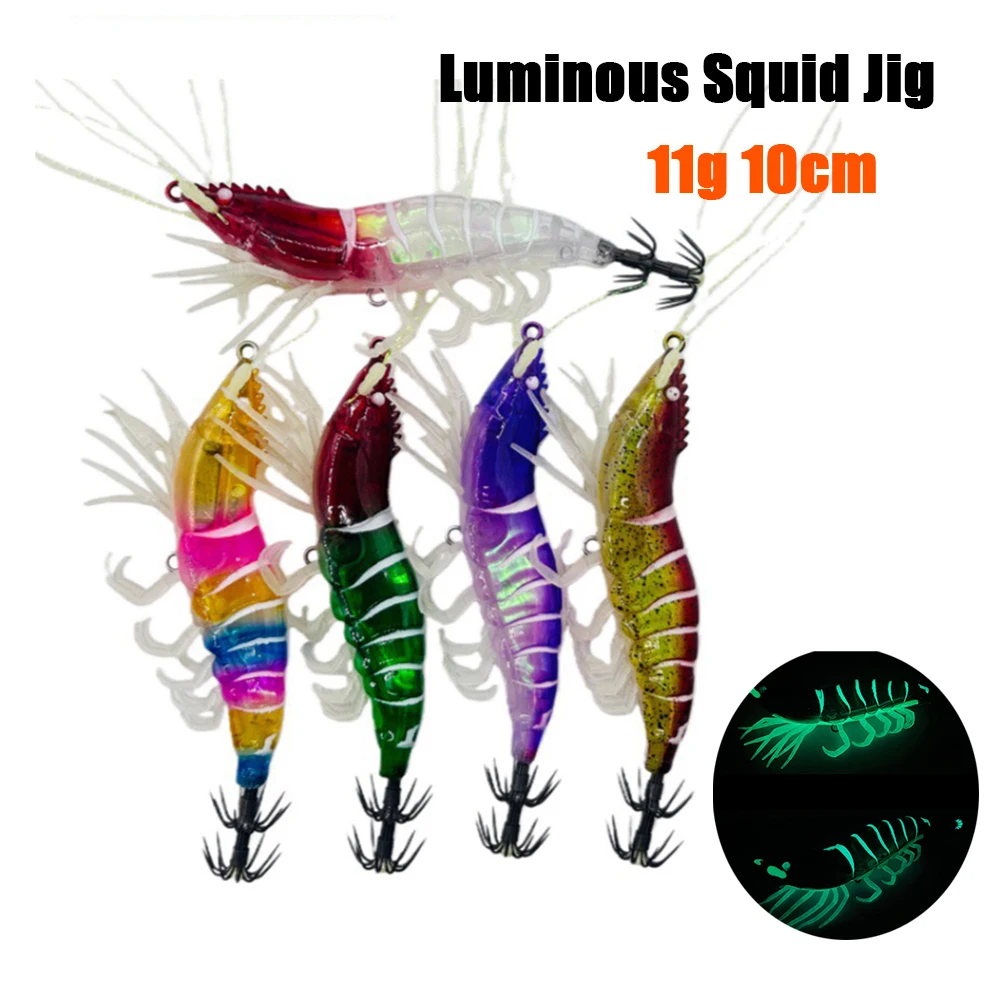 1 Stück/5 Stück Leuchtender Tintenfisch-Köder mit Bionischen Tentakeln, Rasselkugeln, 11g 10cm Doppelschichtige Scharfe Haken, Zubehör für Garnelenköder