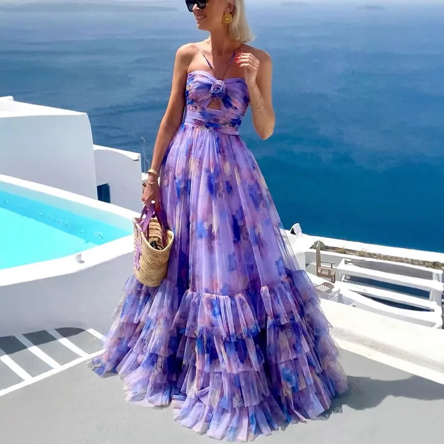 

Women Fashion Hollow Off Shoulder Summer Dress Sexy Sleeveless Pleated Long Dress Elegant Halter Pattern Print Mesh Party Dress