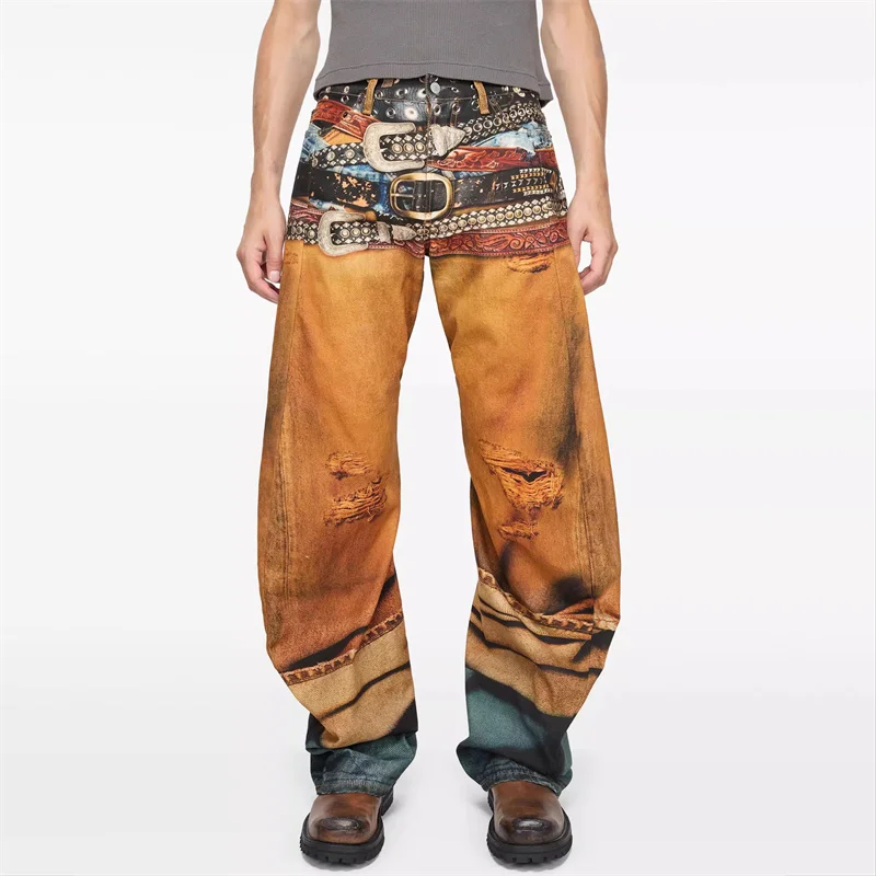 Pantalones de mujer nueva primavera 2025 cinturón 3D impreso jeans de mujer pantalones de pierna recta de algodón puro estilo de pareja pantalones de pierna ancha holgados