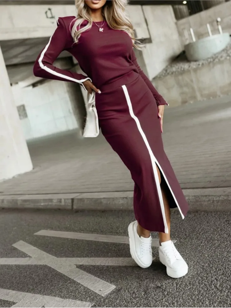 

Spring Suit New Solid Color Long-sleeved Round Neck Top Button Exposed Navel Hip Mid-length Skirt Casual Two-piece Set Y2k