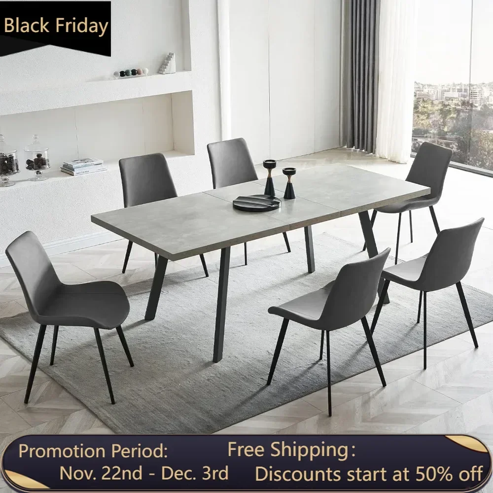 7 Piece Dining Table Set, 62 Inch Modern Kitchen Table with 6 Dining Chairs, Expandable MDF Dining Table with Steel Legs