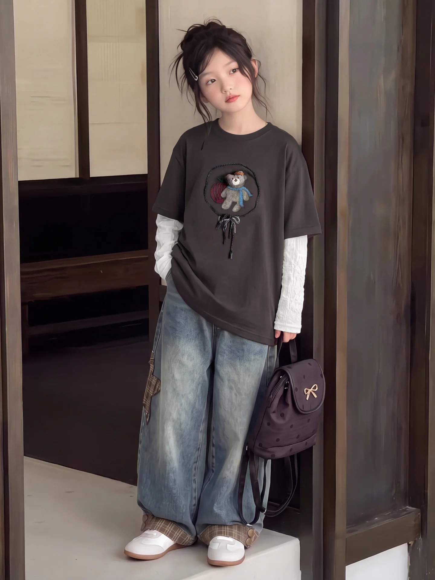 女の子用チェック柄長袖ベースレイヤートップスとジーンズセット、秋のカジュアルスタイルツーピーススーツ、5〜4歳の子供向け、コットンブレンド
