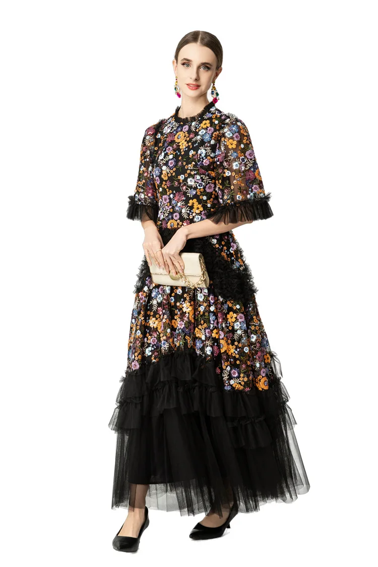 Women's Black Sequined Floral Embroidered Ruffle Tulle Maxi Dress, Elegant High Neck Gown with Tiered Skirt for Evening Party view 2