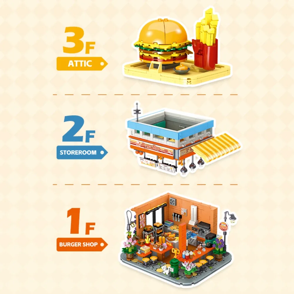 Blocs de construction de magasin de hamburgers créatifs, vue sur la rue, ensembles d'assemblage modulaires MOC, décoration de bureau, idées de modèles, jouets cadeaux pour enfants