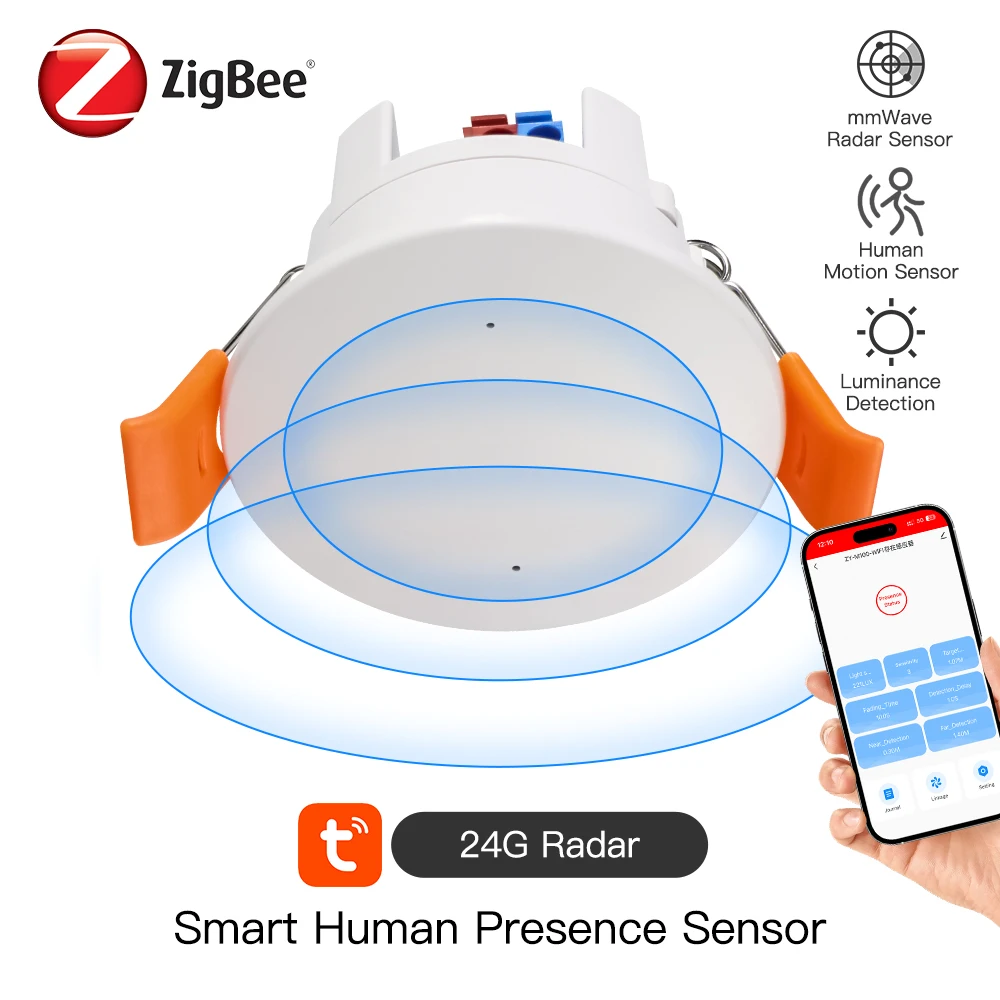 ZigBee MmWave Radar Human Presence Motion Sensor 24G Ceiling Mount Luminance/Distance Detection Tuya Home Automation