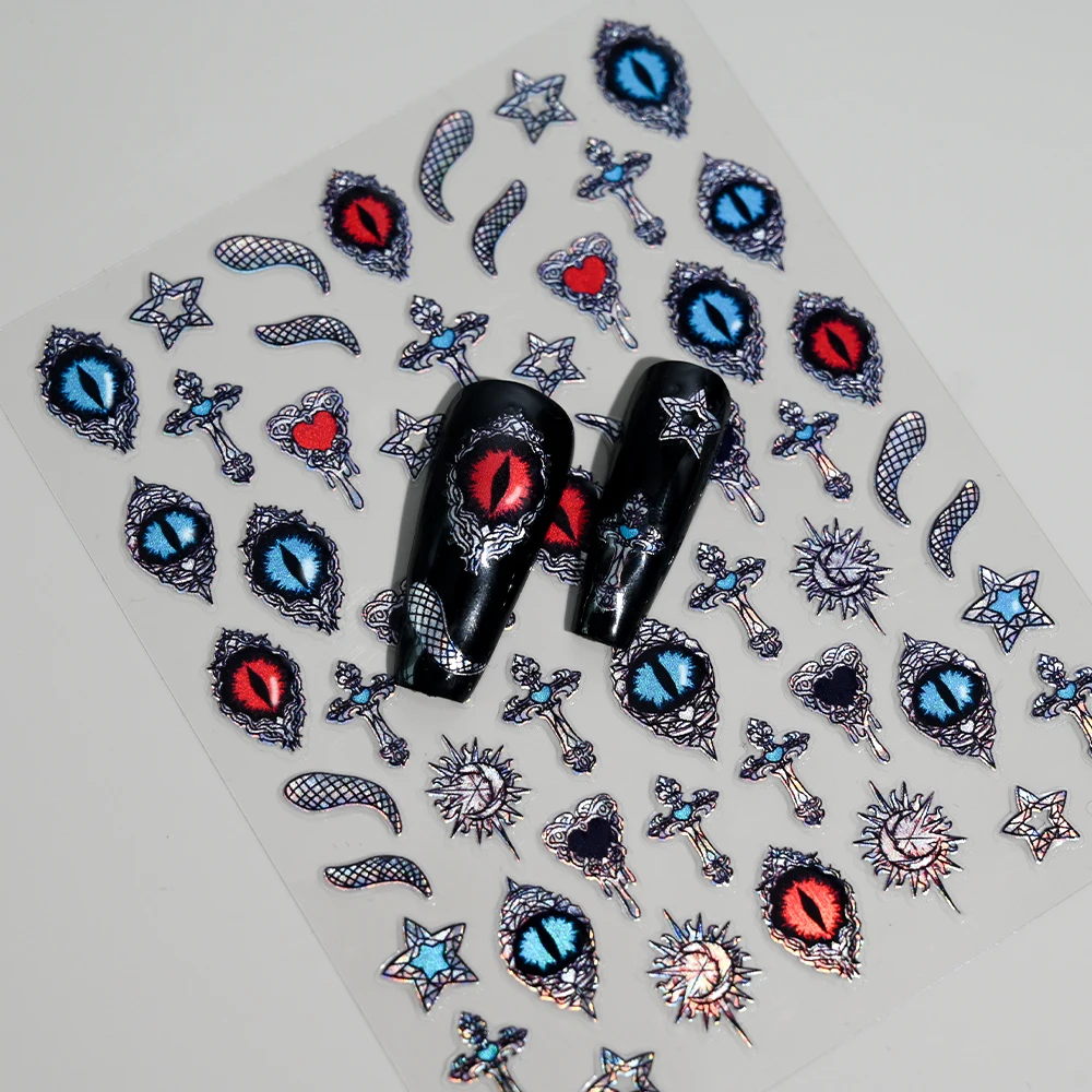 1/4 pçs colorido globo ocular arte do prego adesivos 10*8cm azul/vermelho mal olhar olhos/cruz auto adesivo slider punk festa manicure decalques *