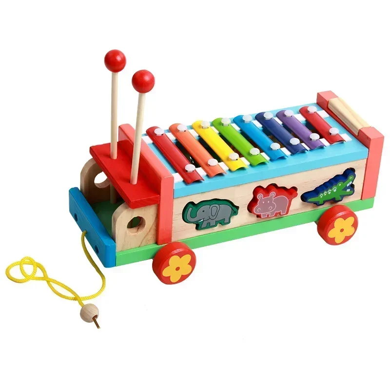 [Funny] Baby Cartoon Serinette Musical Instrument Animals Drag Hand Knock Piano Toy Kids Early Educational Wooden Toy kids gift