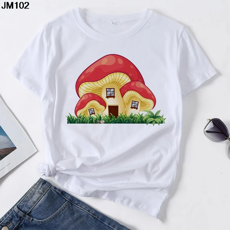 Kawaii Mushroom House Graphic Printed Women's T-shirt 90s Harajuku Casual Tops Female Tshirt Summer Cartoon Ladies Clothing Tees