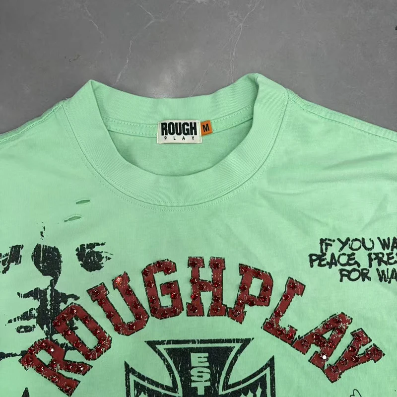 New Arrival Rough Play Unisex Streetwear Short Sleeve Tee Mint Green Faded Destroyed Graffiti Art Decor Casual T‑Shirt