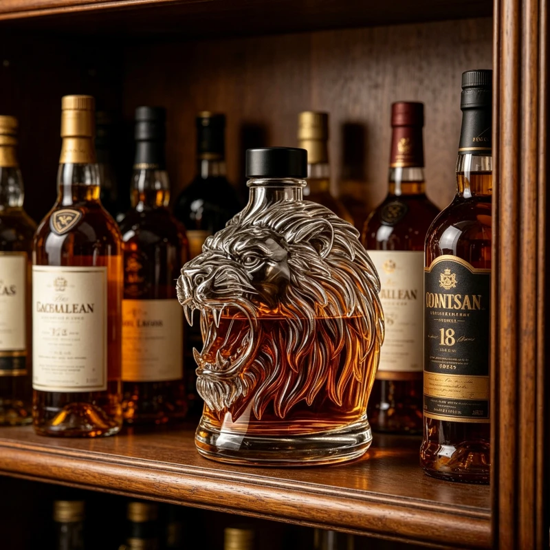 Decantador de Whisky de Vidrio con Cabeza de León 3D, Botella Transparente para Licores con Tapa Negra, Adorno Coleccionable para Bar en Casa