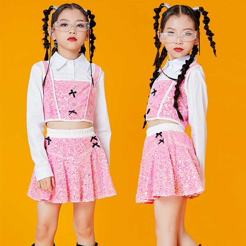 

Pink Sequins Suit Jazz Dance Costume Kpop Outfit Girls Hip Hop Dancewear Children Cencert Performance Stage Clothes DL10070