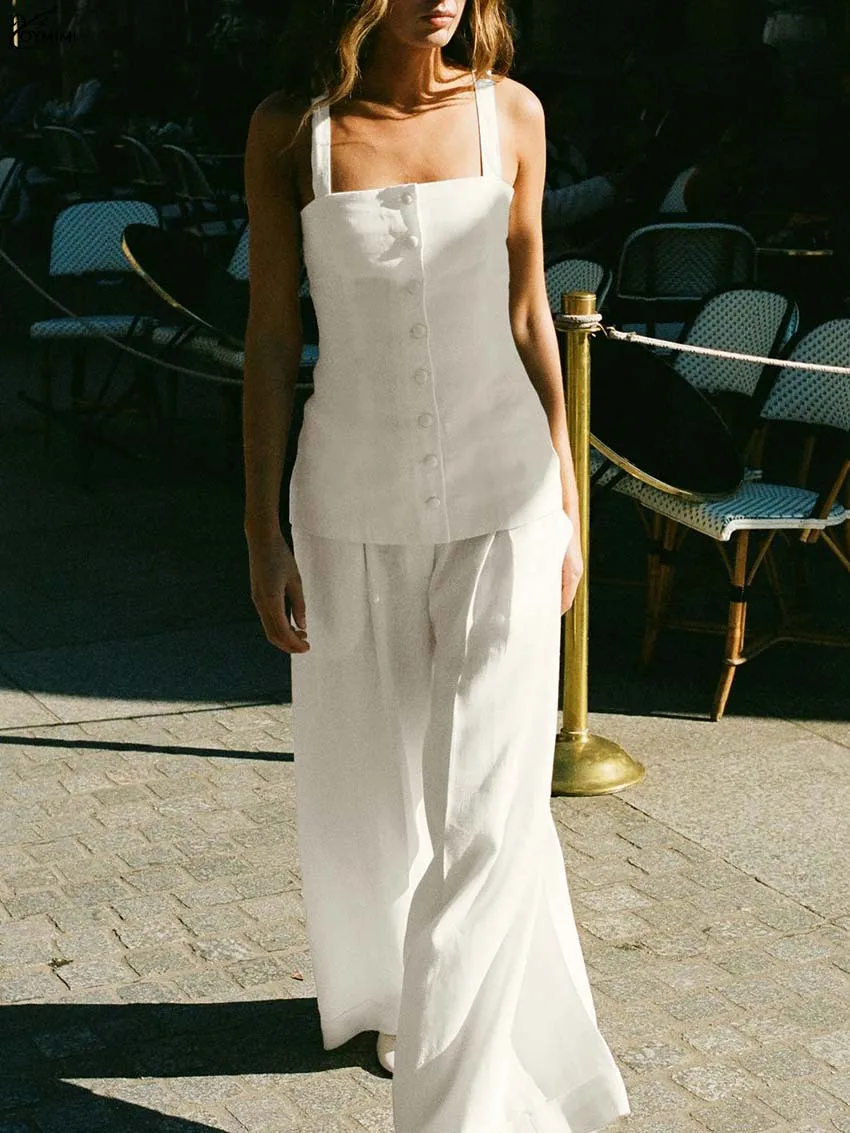 

Oymimi Elegant Apricot Cotton 2 Piece Sets Woman Outfit Fashion Spaghetti Strap Single Breasted Shirts And Pockets Trousers Sets