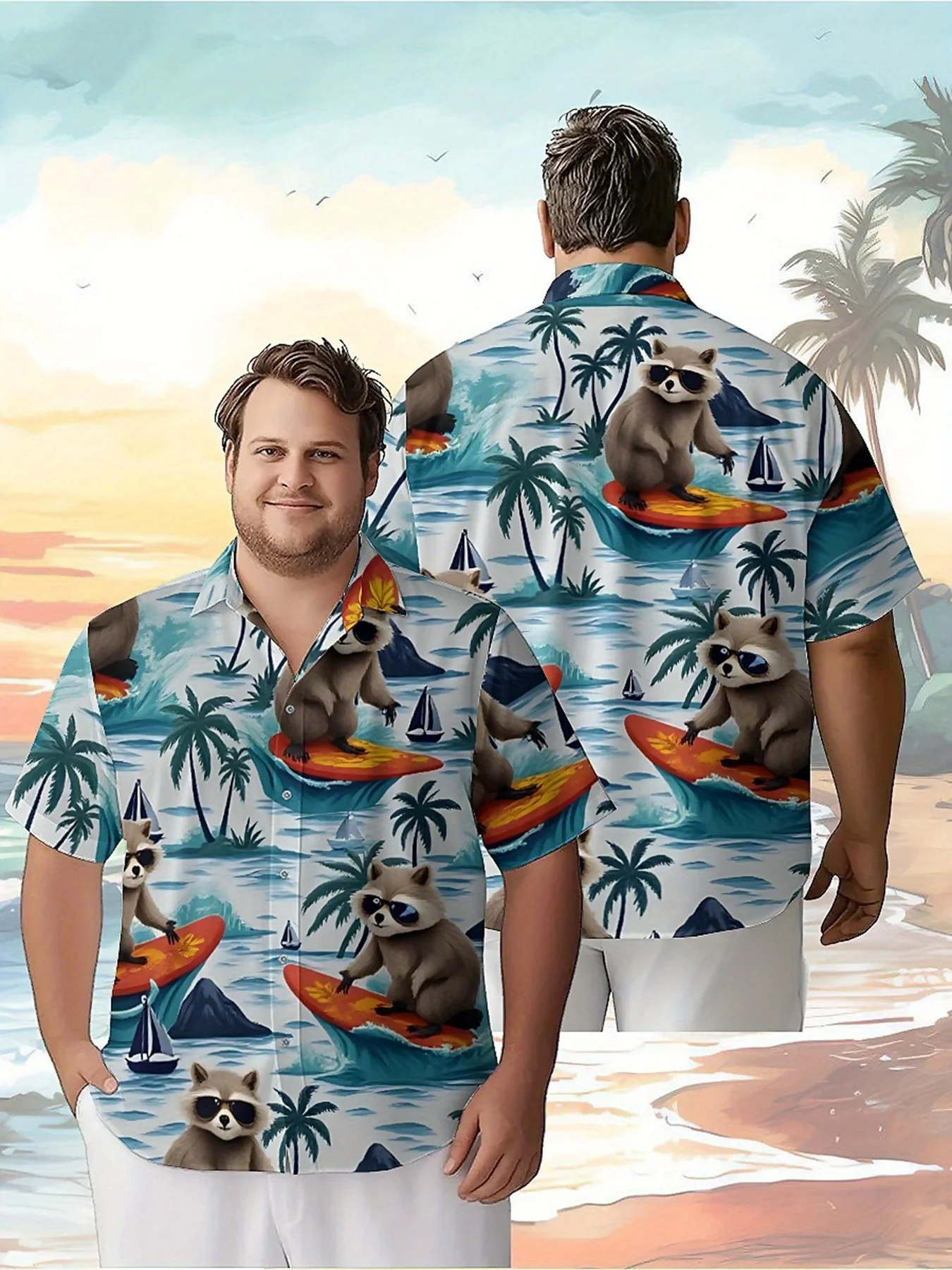 

Men's Plus Size Hawaiian Shirts Raccoon Surfing Pattern, Summer Casual Tops, Suitable for Outdoor and Party, Streetwear
