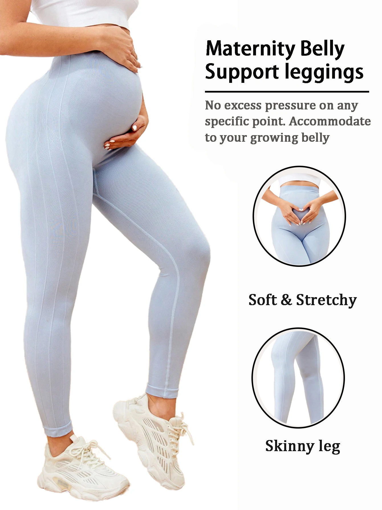 Light Blue Seamless Maternity Yoga Leggings High Waist Non-Roll Belly Support Ultra Stretch Breathable Workout Pants For All Sta view 4