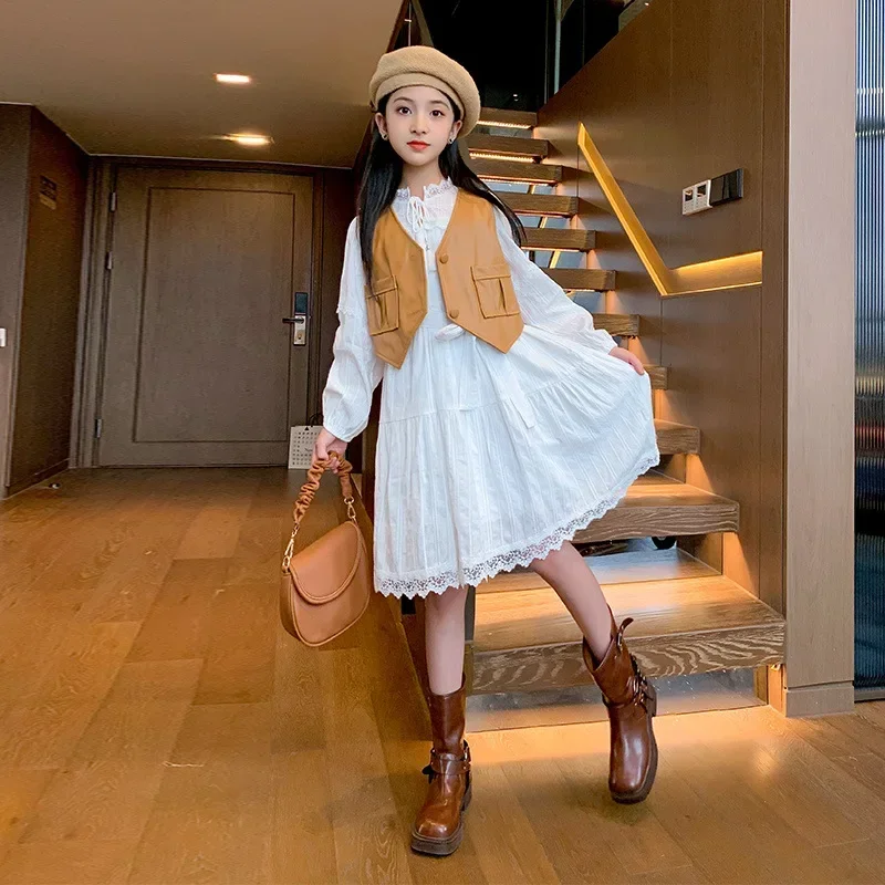 Korean Spring Autumn Children Girl 2pcs Suit Junior Girl Lace One-piece Dress+Single-breasted Leather Vest Set For Girl 4-12Yrs