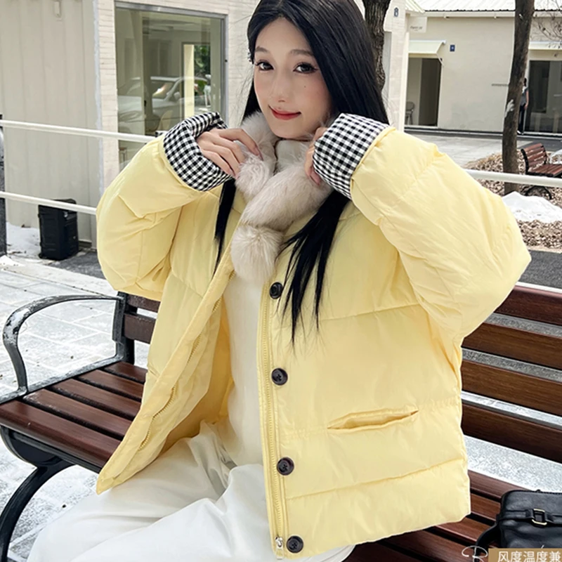 

Korean Fall Winter Parkas Coat Women Long Sleeve Single Breasted Jacket Fur Collar Yellow Preppy Style Plaid Patchwork Outwear