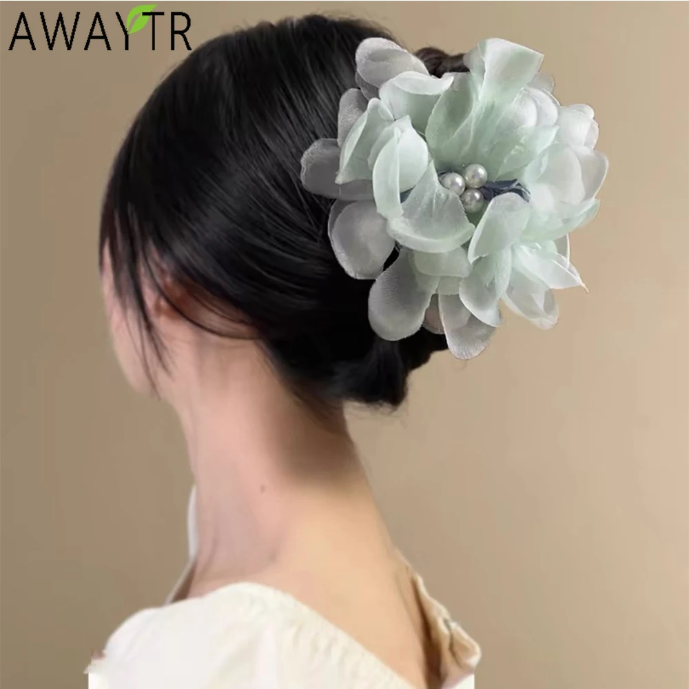 AWAYTR Gauze Pearl Flowers Hair Claws Farbic Ponytail Hair Clips Crab For Women Girl Gift Hair Accessories Valentine Headwear