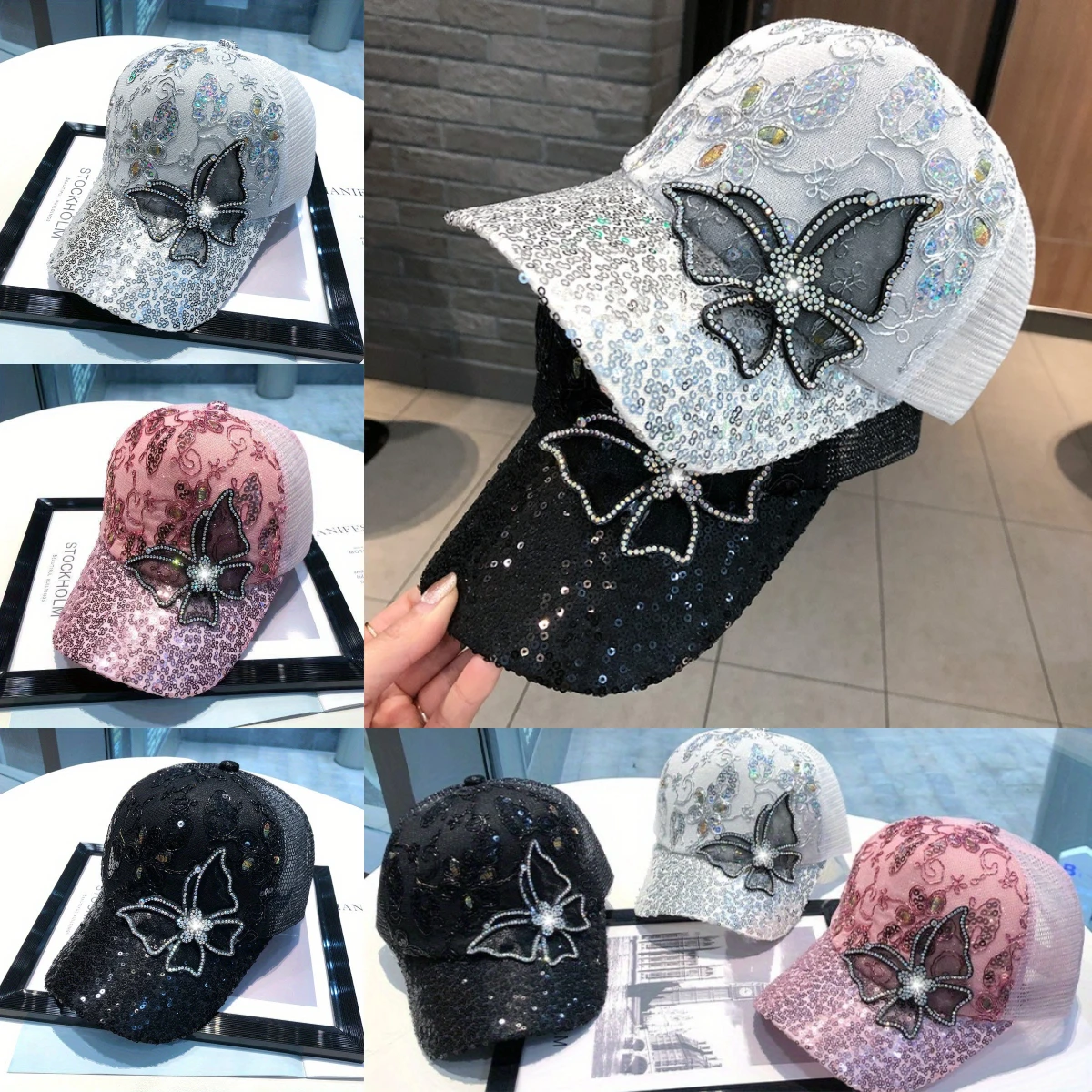 Mesh Inlaid with Diamoned Butterfly Baseball Cap Woman Sweet Fashion Trend Duckbill Cap Outdoor Tourism Lightweight Mesh Hat