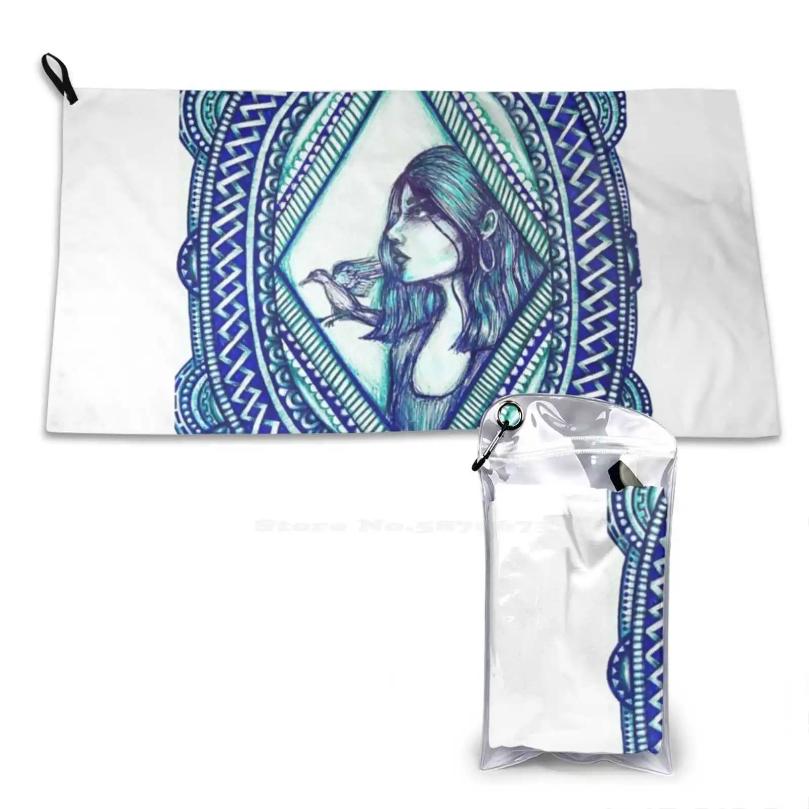 Morrigan And The Raven Soft Towel Quick Dry Beach Towel Goddess Mandala Pattern Frame Blue Teal Bird