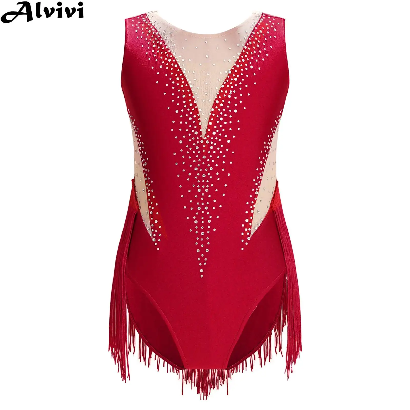 Kids Girls Figure Skating Bodysuit Ballet Gymnastics Latin Dance Cha-Cha Performance Dancewear Shiny Rhinestone Tassel Leotard