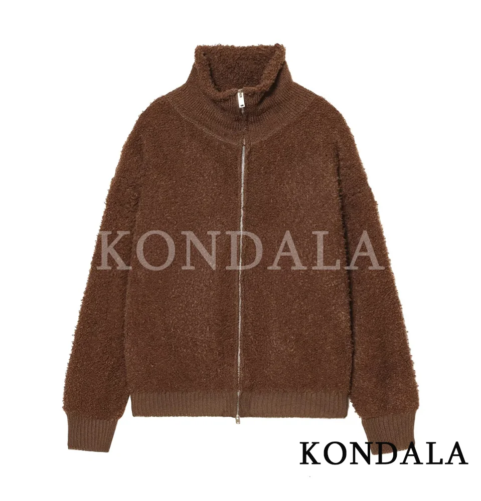 KONDALA Vintage Gestrickte Jacke Frauen Casual Stehkragen Zipper Jacke 2025, Herbst Winter Trendy Mode Weibliche Bomber Jacke
