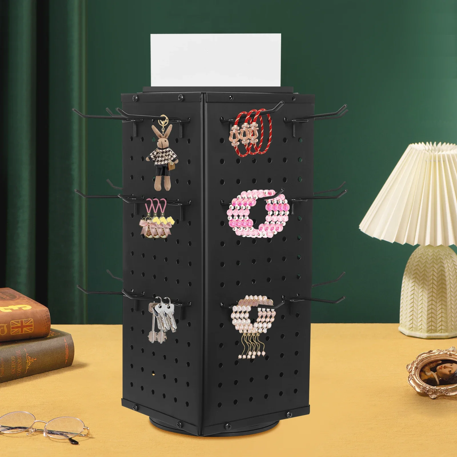 360 °   Stand Display Pegboard Berputar - Organizer Kerajinan 4 Sisi dengan 24 Kait - Rak Penyimpanan Baja Modern 17 Inci untuk Rumah & Kantor