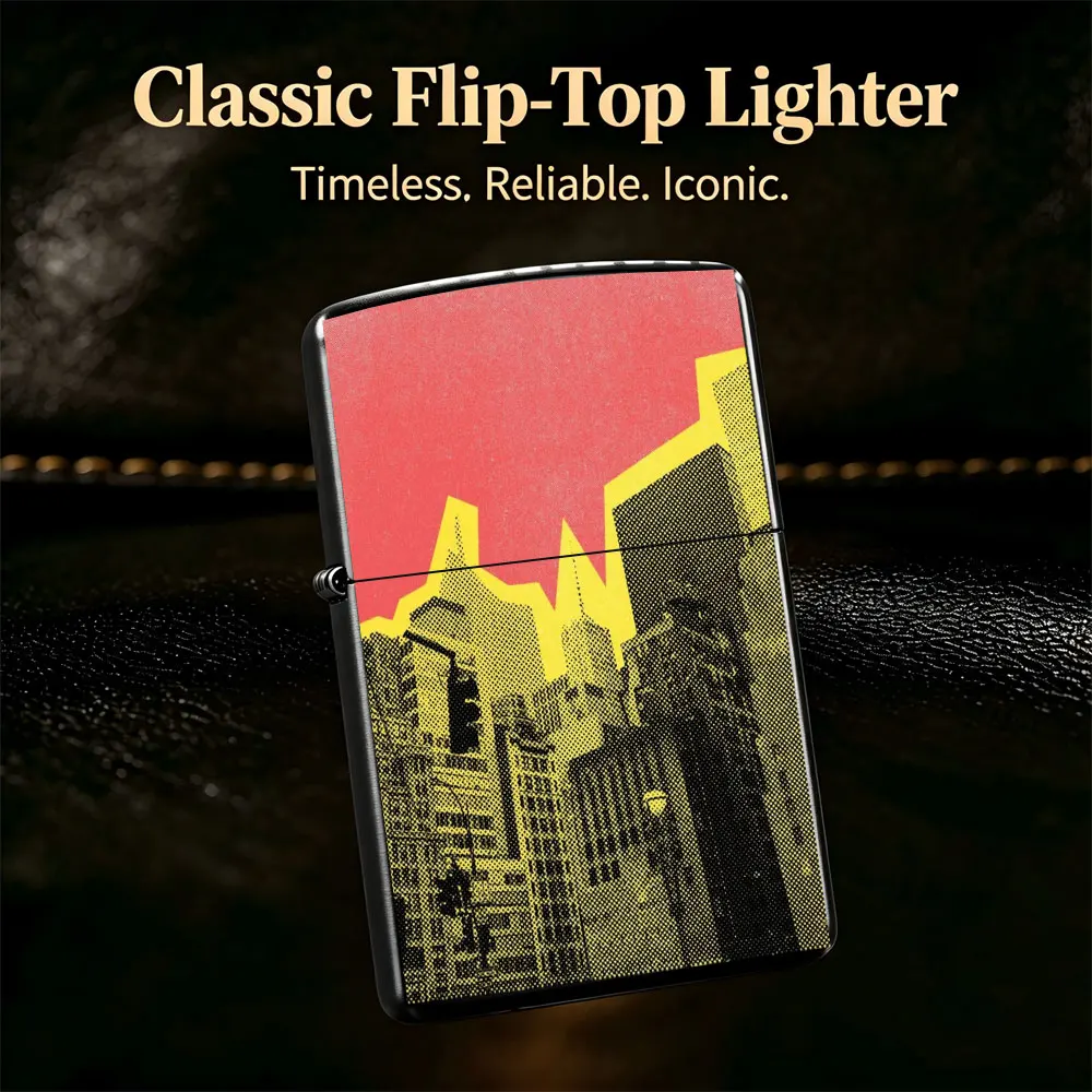Pocket Lighter, Flip-Top Windproof Design, City Red Sky Print Metal Case, Ergonomic Grip, Durable and Reliable - Perfect for Daily Use