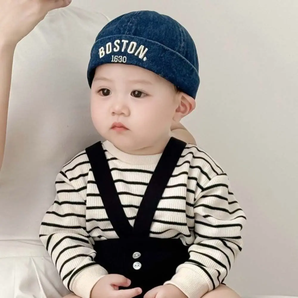 

Retro Washed Denim Baby Brimless Hat Letter Embroidered Solid Color Children Melon Beanie Blue Adjustable Landlord Cap Summer