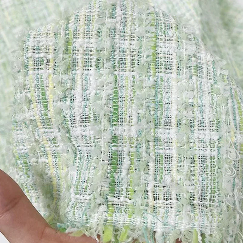 

Light Green With White Ribbon Tweed Fabric For Women's Autumn Coat Skirt Jacket Yarn-Dyed Handbag DIY Cloth Sewing Material