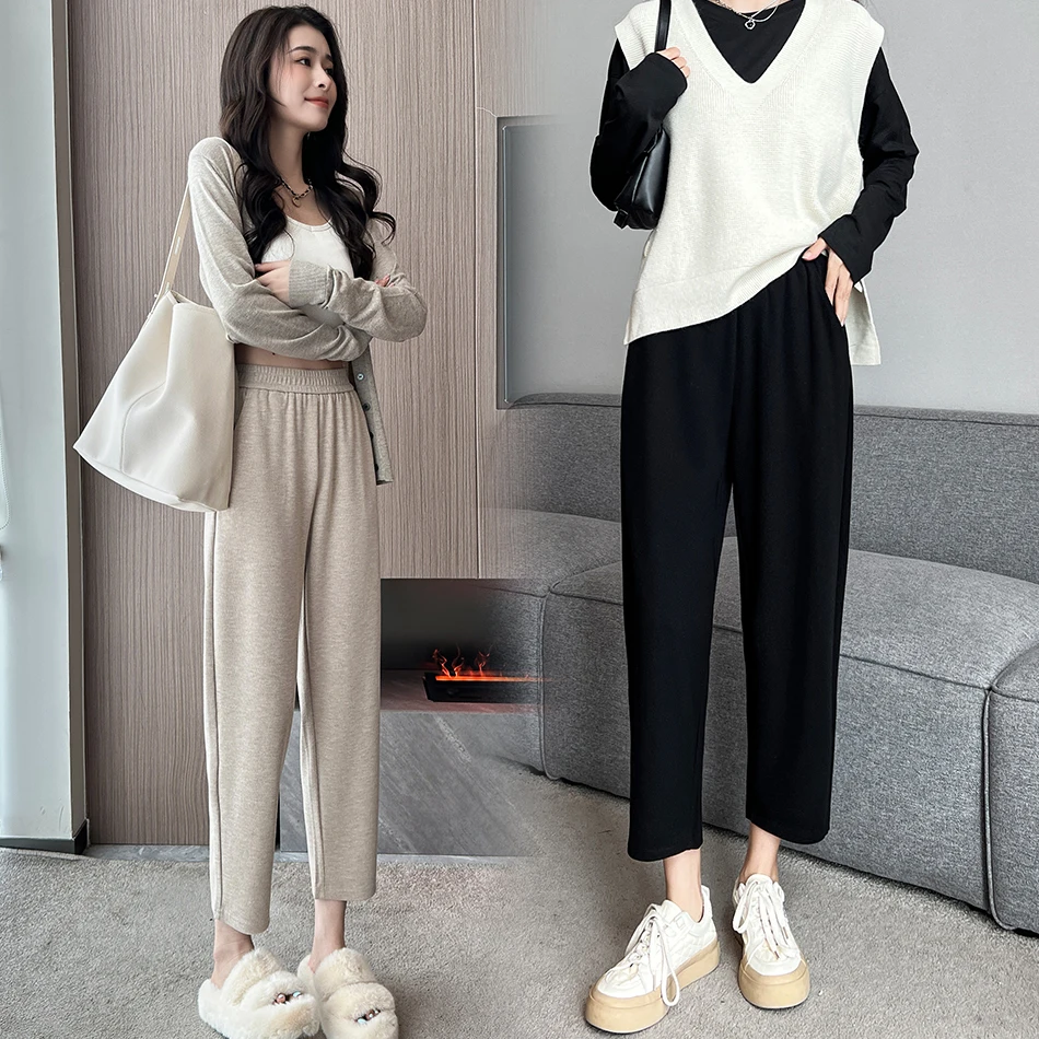 

2024 Women's Autumn Winter Fashion High Waist Knitted Pants Female Solid Color Sweater Trousers Ladies Loose Harem Pants E22