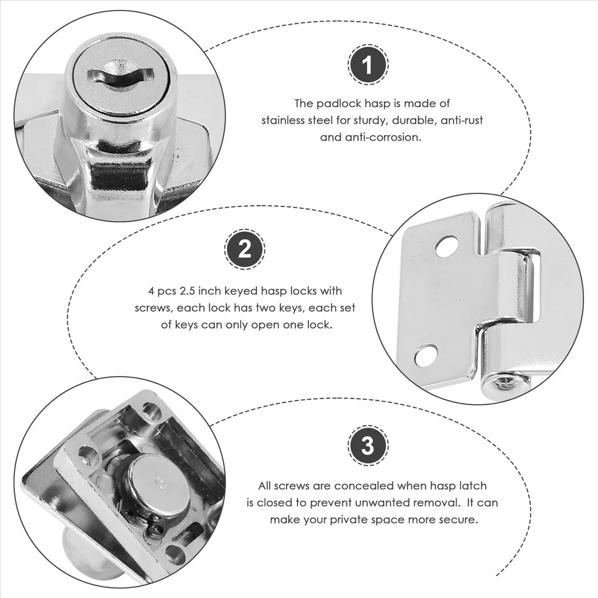 DT38 4 Pcs Keyed Hasp Locks 2.5 Inch Twist Knob Keyed Locking Hasp, Metal Safety Hasp Latches Keyed Different