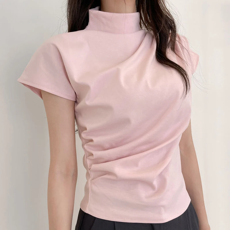 

Chic Summer New Sle Loose Casual f High Collar ort Sve T-irt Women's Top Korean Sle Commute Faion