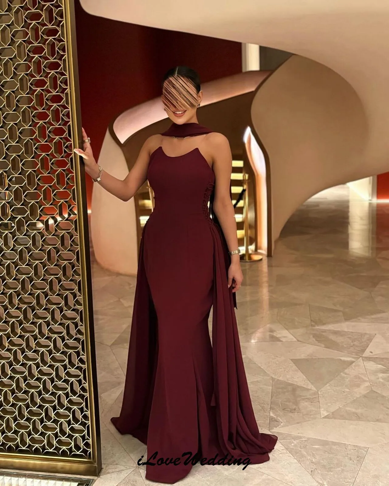 Burgundy Chiffon Strapless Evening Dress 2025 Elegant Wedding Party Dress For Woman Lace-Up Ribbons A-Line Prom Dress Customzed