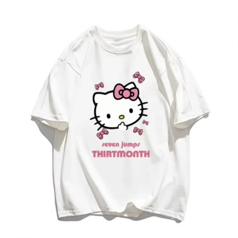 

MINISO Japanese Style Sweet and Cute Hello Kitty Printed Fashionable Womens Plus Size T-shirt Y2K Loose Casual Short Sleeved Top