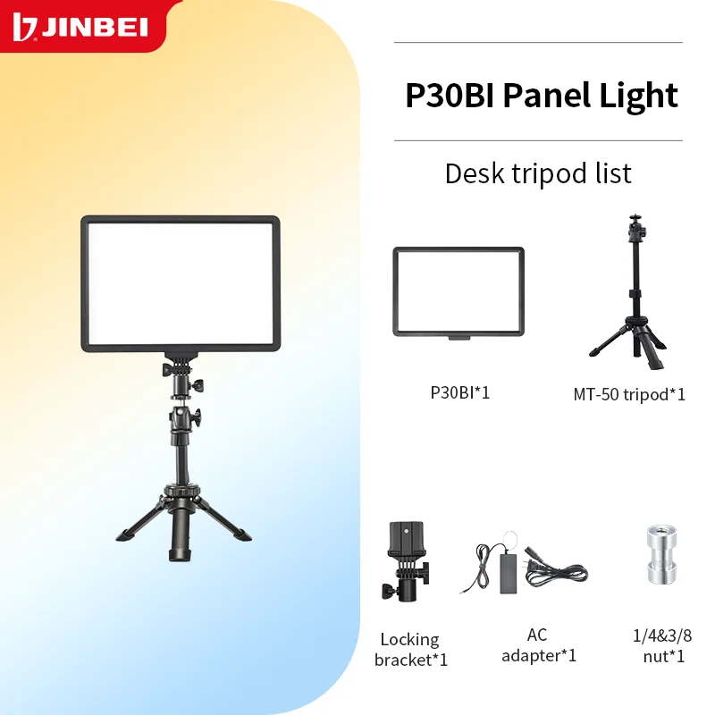 JINBEI P30BI 30W Flat Panel Studio Camera Photography Light LED Video Soft Light Desk Tripod Kit for Live Streaming