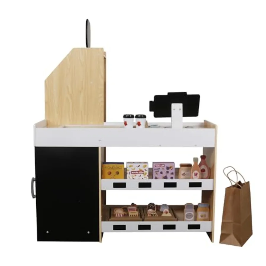 Kinder-Lebensmittelgeschäft-Spielset, Spielgeschäft für Spielzeug und Supermarkt-Einkaufswagen aus Holz mit Spielzeug-Registrierkasse, Spielgeld, Blackboa