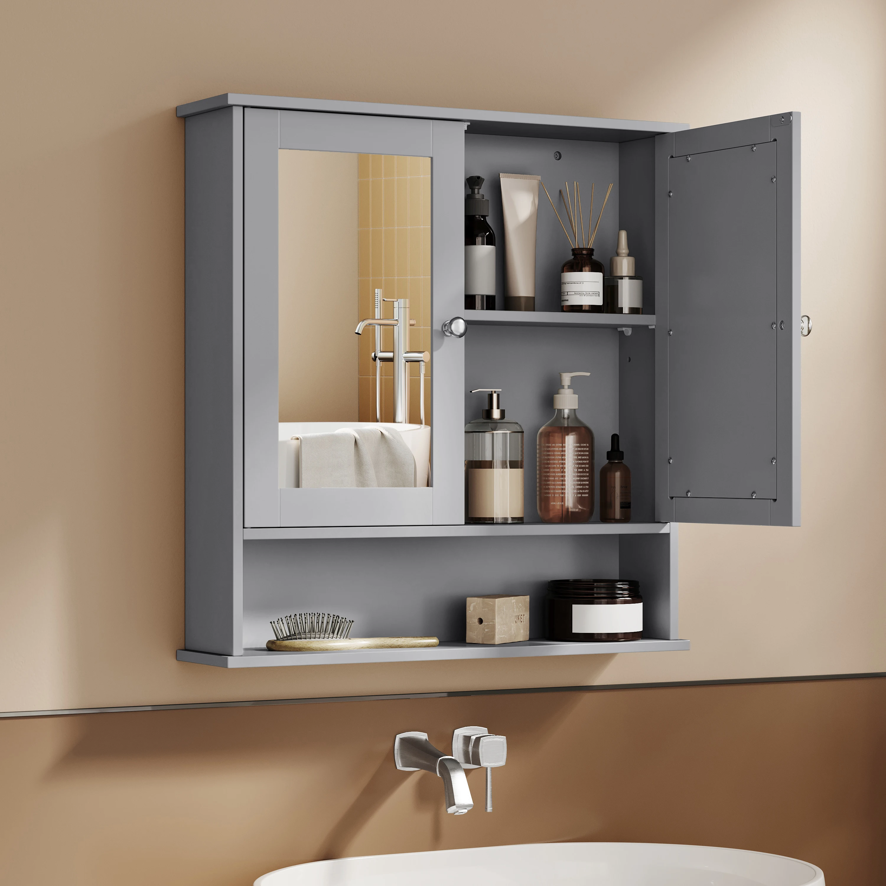 VASAGLE Spiegelschrank 2 Spiegeltüren und Ablage, verstellbare Regalebene