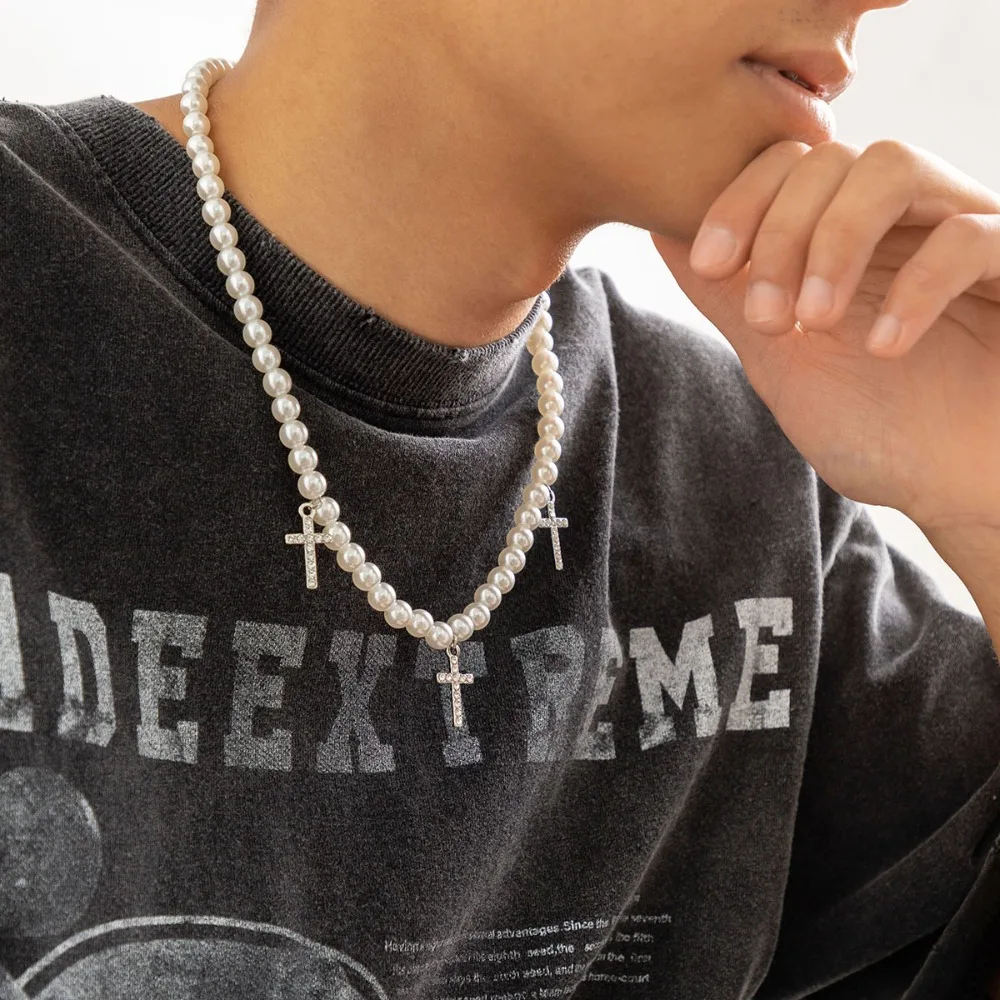 Pearl Beads Chain Cross Pendants Necklace Men Trendy White Beaded Choker Shiny Rhinestone 2023 Fashion Jewelry Male